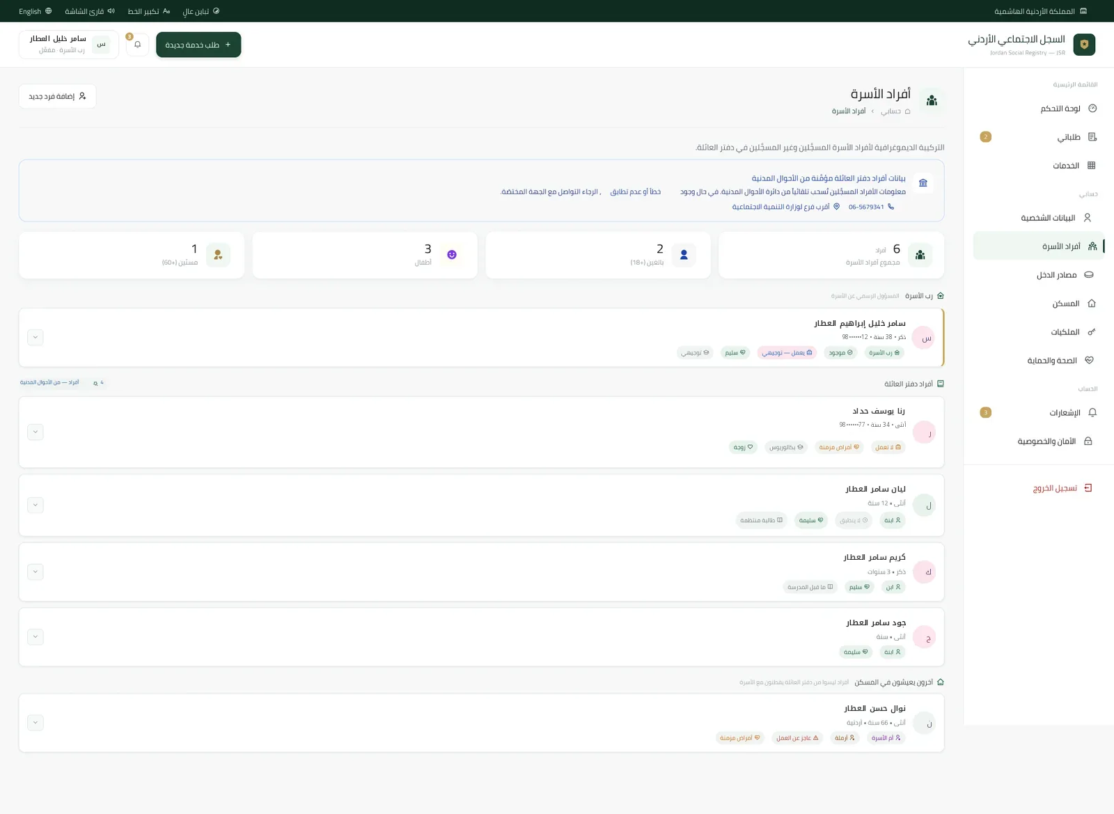 Family members page with grouped household members and status tags